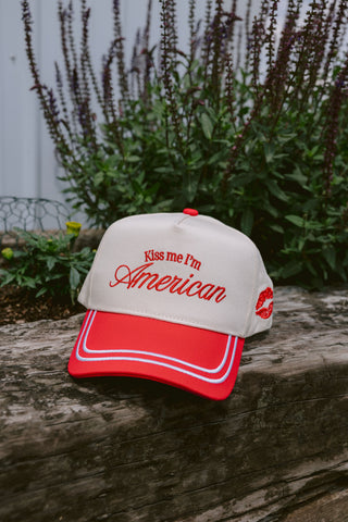 Hat Kiss me I'm American - Red Vintage Trucker Hat
