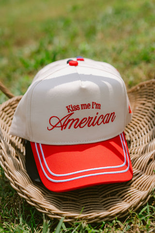 Hat Kiss me I'm American - Red Vintage Trucker Hat