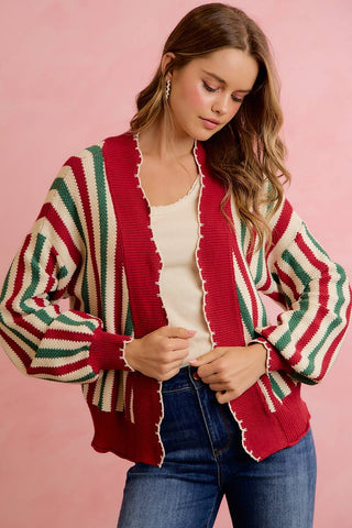 Christmas Open Front Knit Cardigan with Scalloped Edges