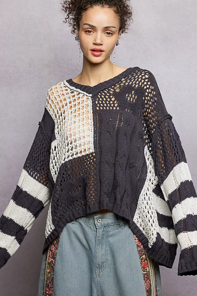 POL Color-Blocked Stripe Pattern Knit Top with Twisted Weave