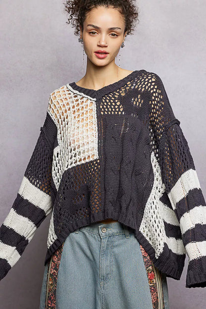 POL Color-Blocked Stripe Pattern Knit Top with Twisted Weave