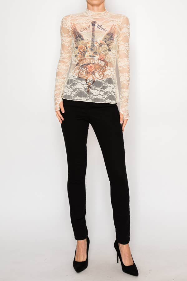 Sheer Flower Lace Mesh Long Sleeve Top  OLS-4865BG-CITY OF M: CITY OF MUSIC / L