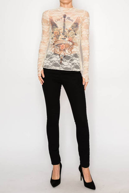 Sheer Flower Lace Mesh Long Sleeve Top  OLS-4865BG-CITY OF M: CITY OF MUSIC / 2XL