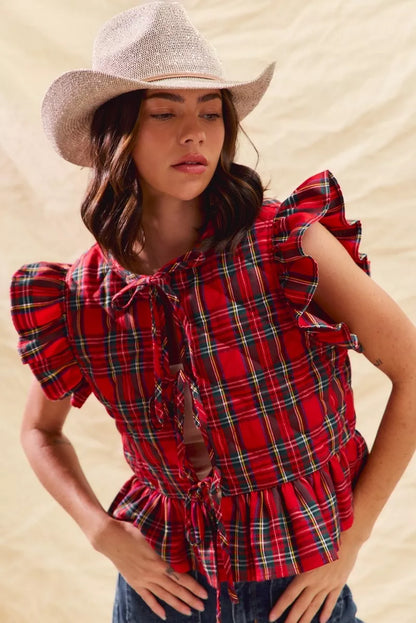 SO ME Christmas Holiday Plaid Ruffled Quilt Vest Top