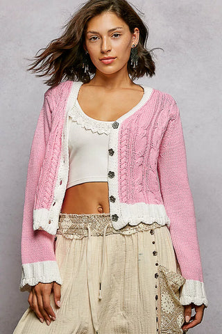 POL Button Down Cable-Knit Cardigan with Contrast Border Accents