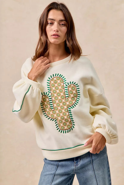 BiBi Cactus Embroidered Fleece Sweatshirt
