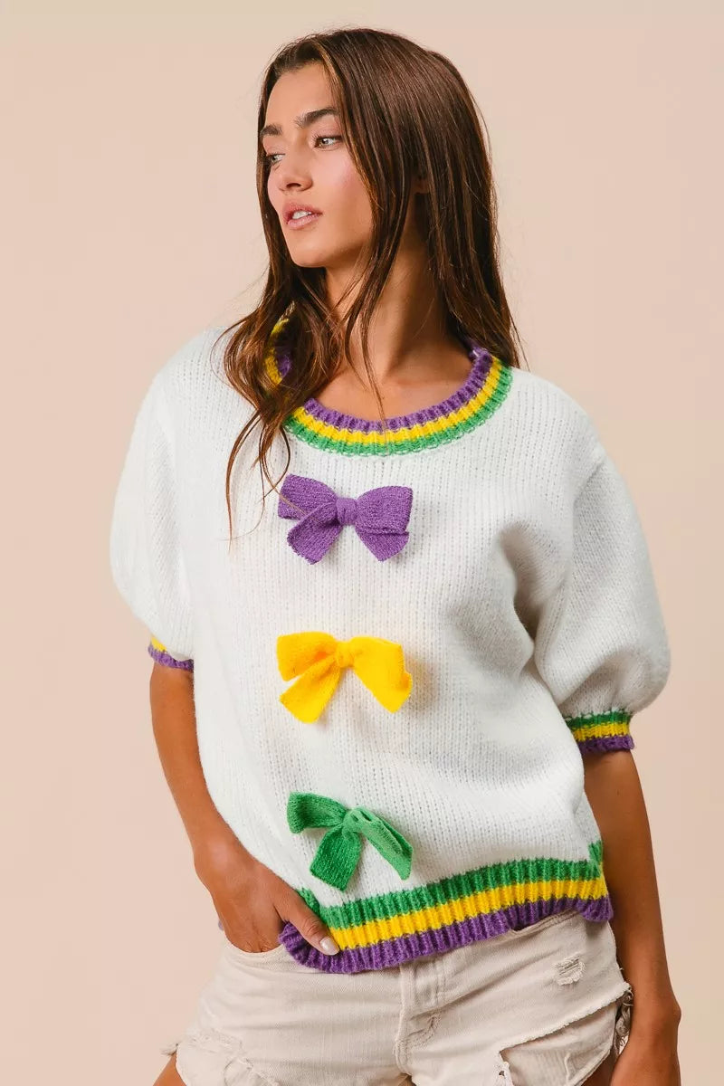 BiBi Short Puff Sleeve Ribbon Bow Mardi Gras Sweater