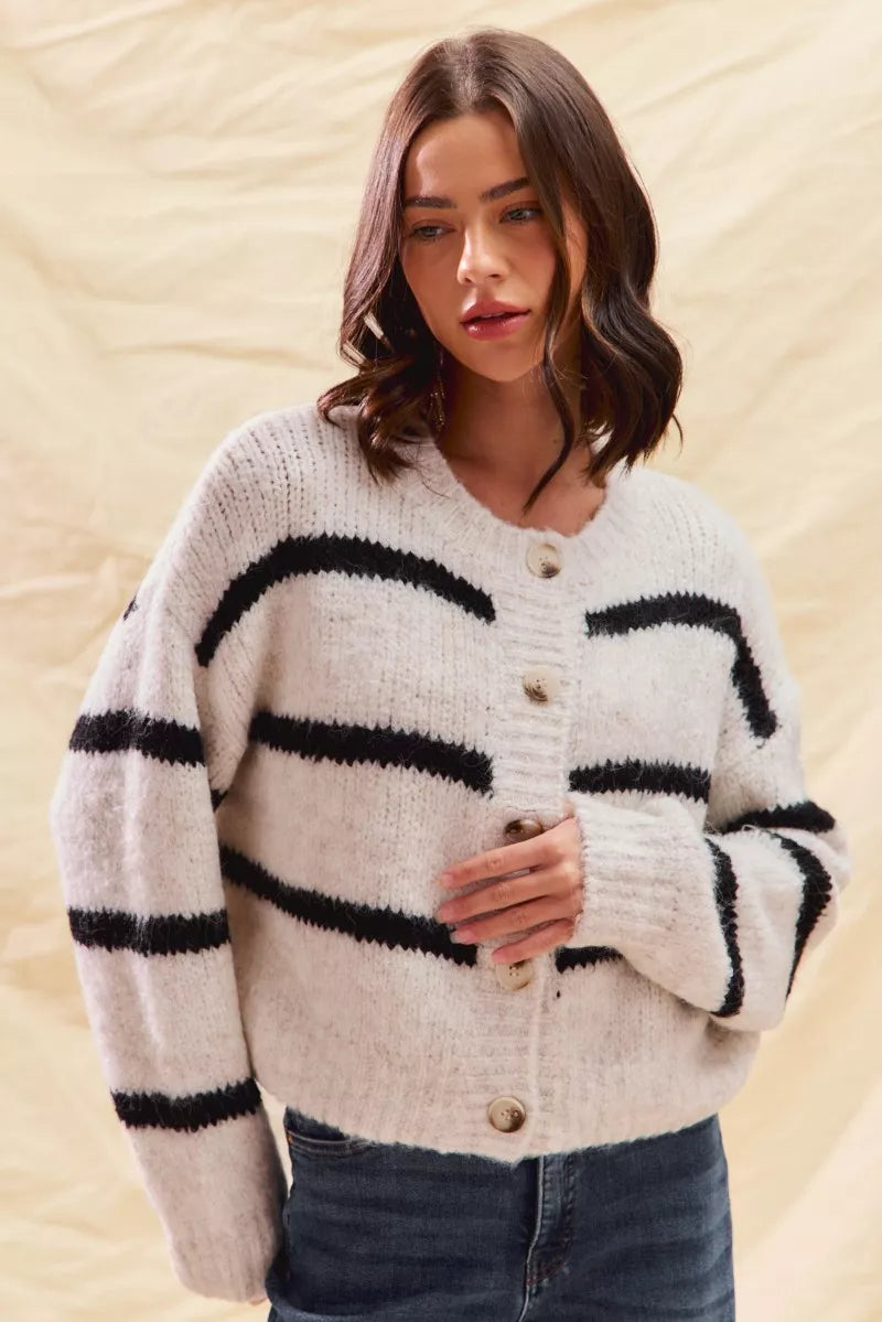 SO ME Stripe Soft Touch Button Cozy Sweater Cardigan