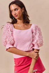 SO ME Rosette Sleeves Square Neck Sweater Knit Top