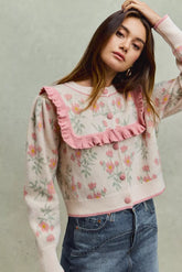 SO ME Flower With Ruffle Detailing Sweater Cardigan