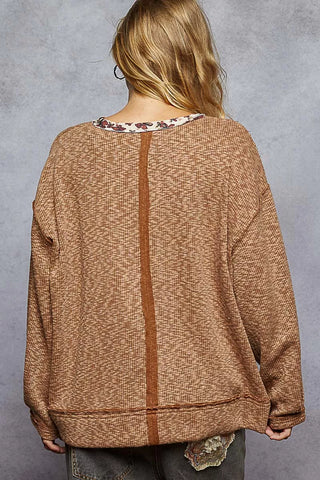 POL Balloon Sleeve Oversized Ribbed Top with Floral Pattern Contrast