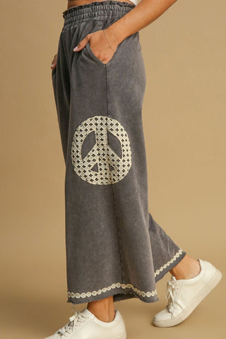 Umgee Full Size Peace Lace Applique Mineral Wash Wide Leg Pants