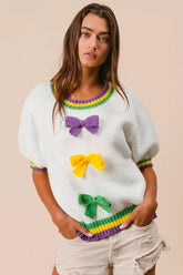 BiBi Short Puff Sleeve Ribbon Bow Mardi Gras Sweater