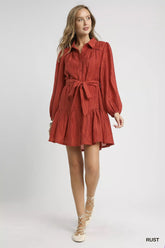 Umgee Crinkle Button-Front Tiered Mini Dress with Waist Tie