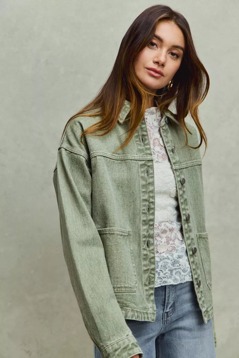 SO ME Vintage Washed Button Twill Shacket