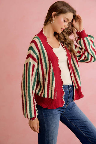 Christmas Open Front Knit Cardigan with Scalloped Edges
