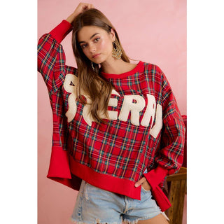 Christmas Tartan Plaid Merry Chenille Patch Sweatshirt
