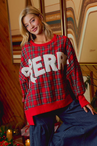 Christmas Tartan Plaid Merry Chenille Patch Sweatshirt