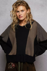 POL Color Block Waffle Knit Raw Hem Sweatshirt