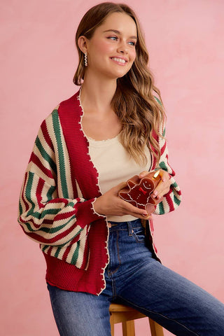 Christmas Open Front Knit Cardigan with Scalloped Edges