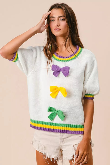 BiBi Short Puff Sleeve Ribbon Bow Mardi Gras Sweater