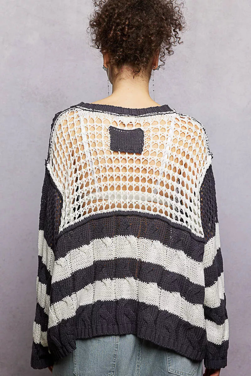 POL Color-Blocked Stripe Pattern Knit Top with Twisted Weave