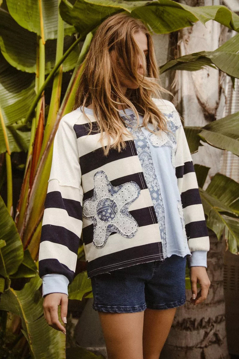 BiBi Patchwork Striped Round Neck Sweatshirt