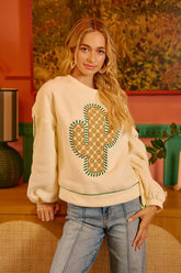 BiBi Cactus Embroidered Fleece Sweatshirt
