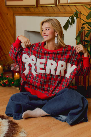 Christmas Tartan Plaid Merry Chenille Patch Sweatshirt