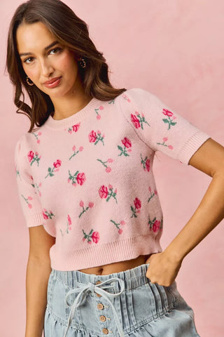 SO ME Floral Pattern Knit Puff Sleeves Sweater Top