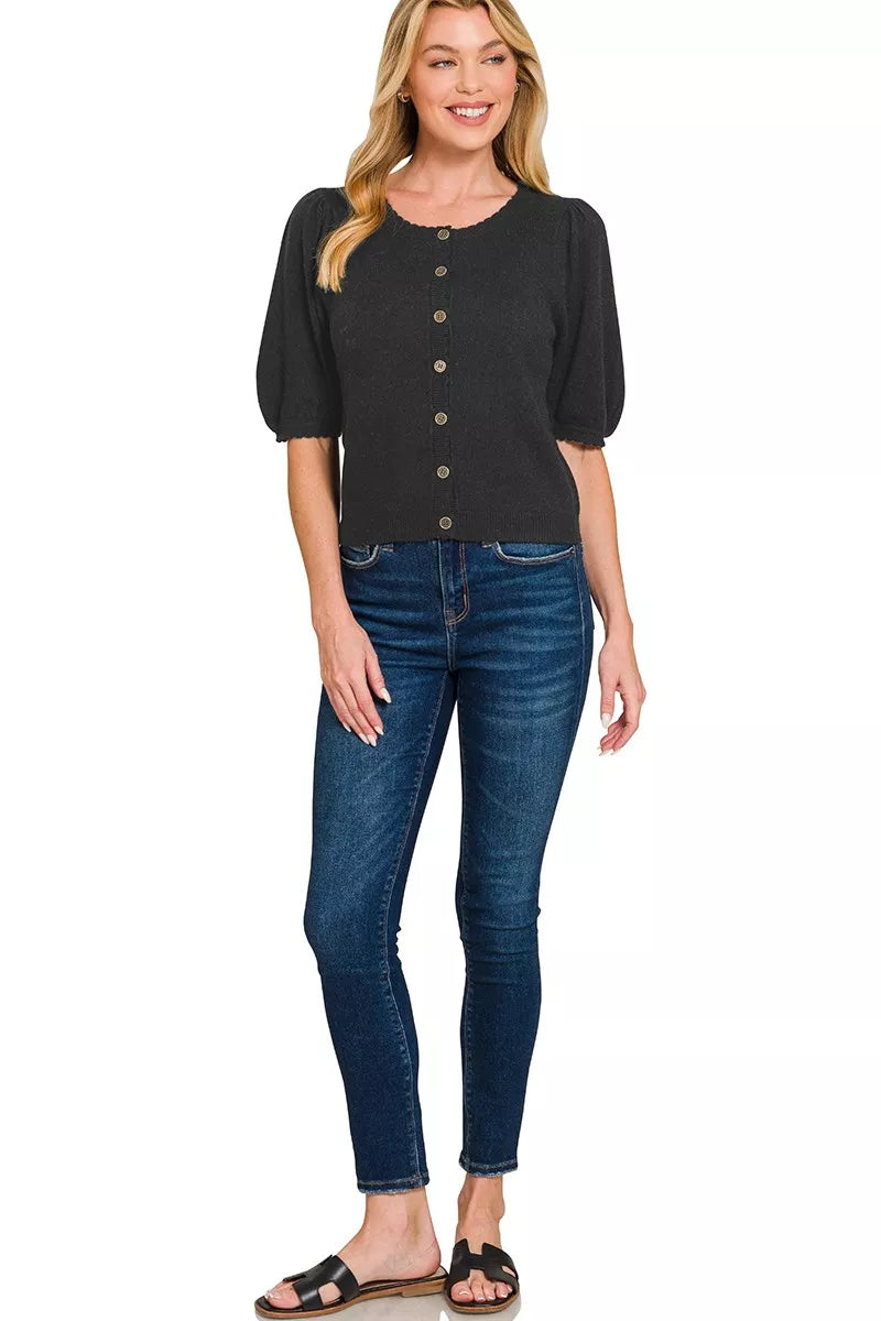 Zenana Puff Sleeve Wool Sweater Cardigan