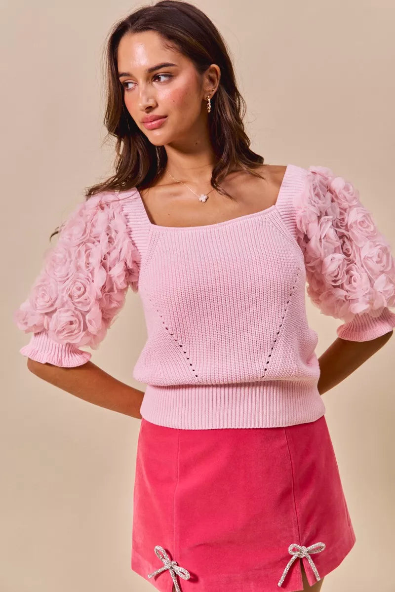 SO ME Rosette Sleeves Square Neck Sweater Knit Top