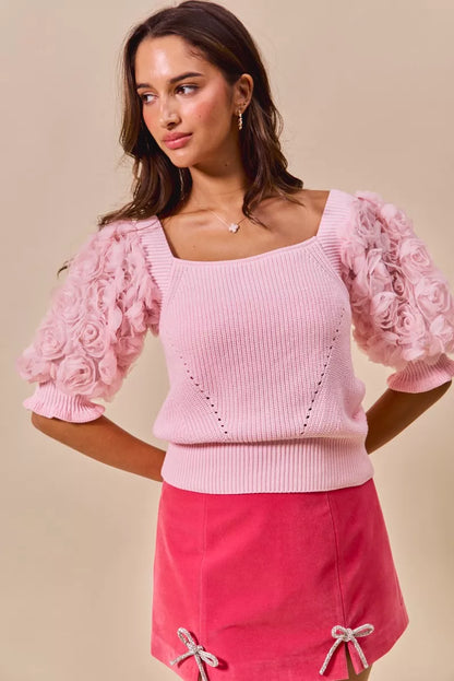 SO ME Rosette Sleeves Square Neck Sweater Knit Top