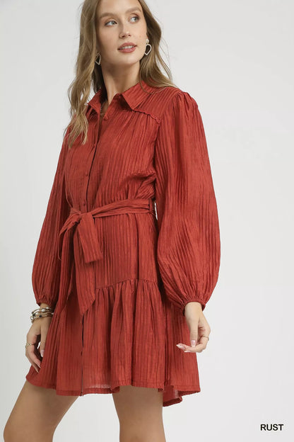 Umgee Crinkle Button-Front Tiered Mini Dress with Waist Tie