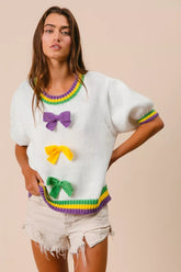 BiBi Short Puff Sleeve Ribbon Bow Mardi Gras Sweater