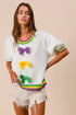 BiBi Short Puff Sleeve Ribbon Bow Mardi Gras Sweater