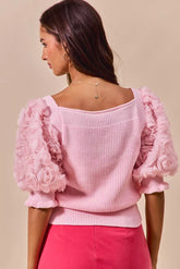 SO ME Rosette Sleeves Square Neck Sweater Knit Top