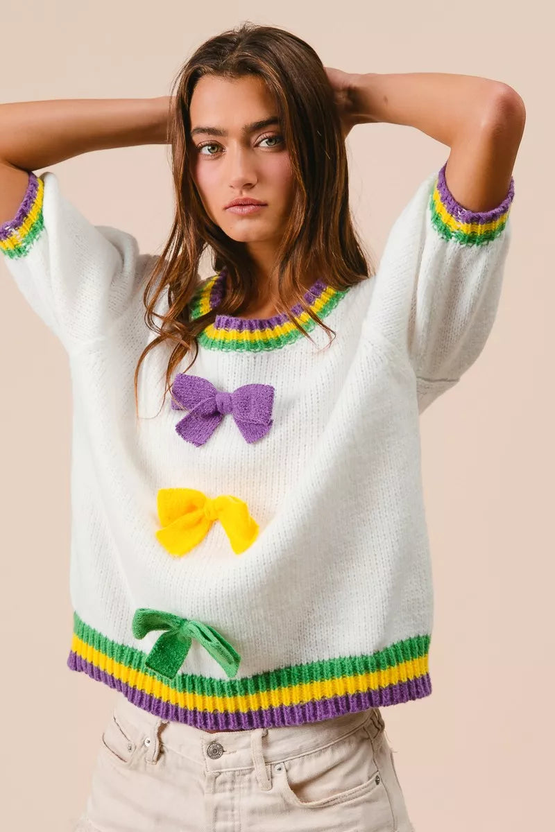 BiBi Short Puff Sleeve Ribbon Bow Mardi Gras Sweater