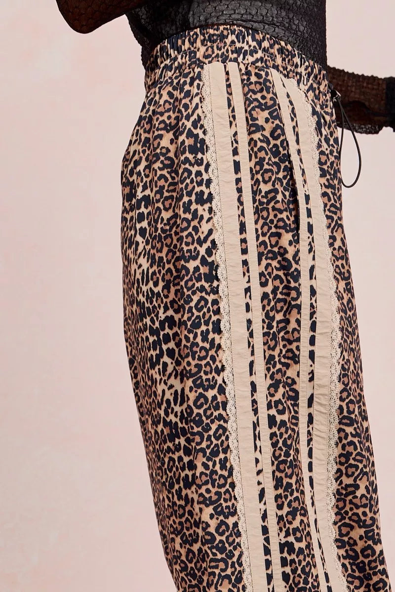 BiBi Leopard Printed Track Pants with Side Contrast Lace