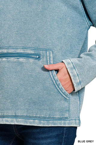 Zenana Fleece Washed High Neck Kangaroo Pocket Sweatshirt
