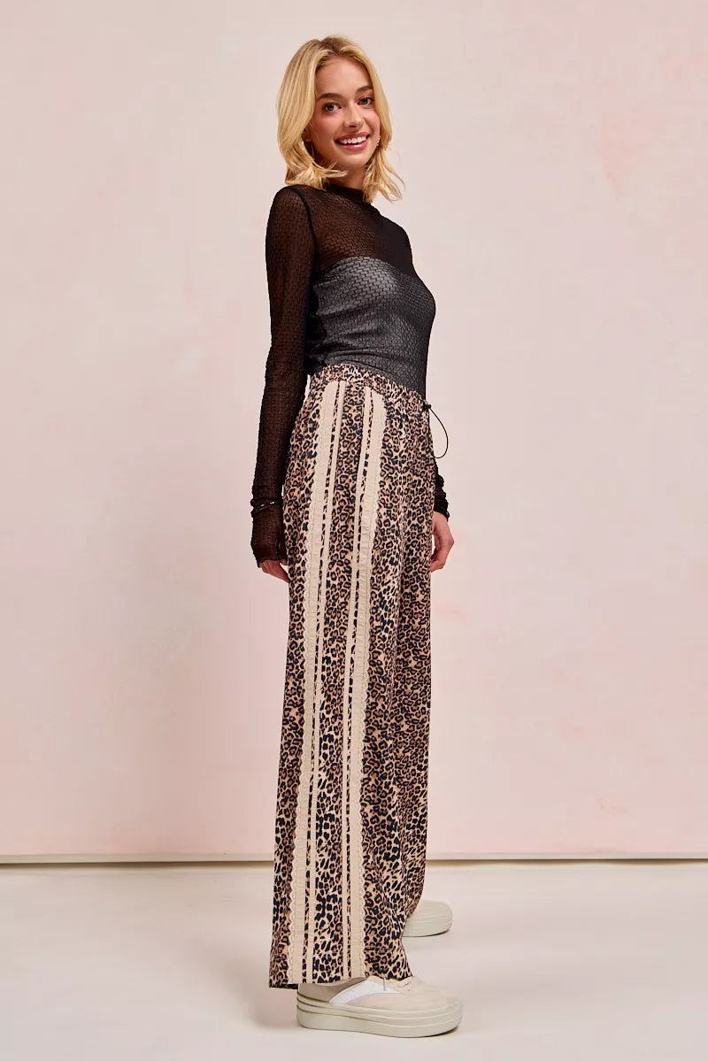 BiBi Leopard Printed Track Pants with Side Contrast Lace