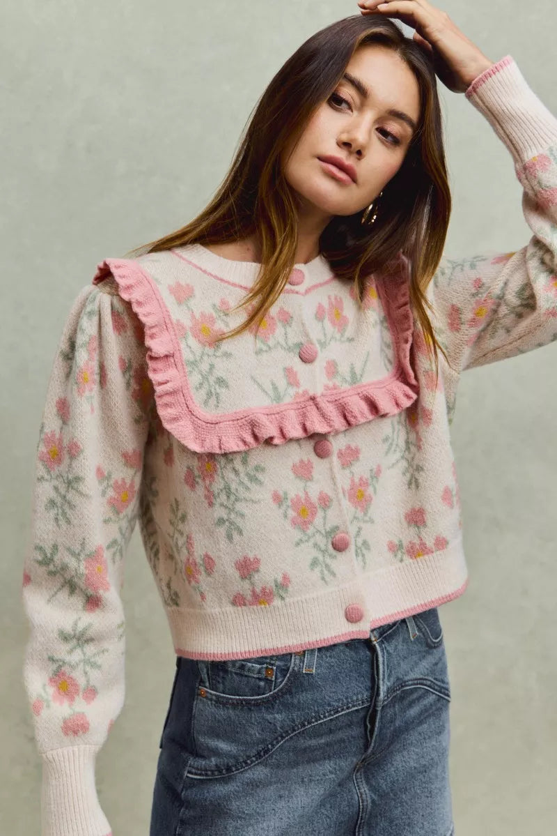 SO ME Flower With Ruffle Detailing Sweater Cardigan