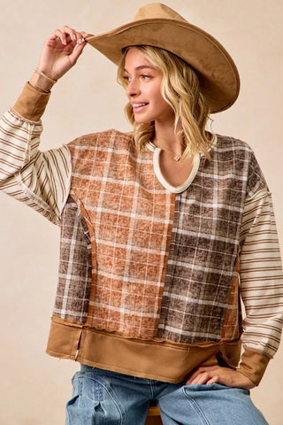 BiBi Plaid And Stripe Mix And Match Top With Open Seam