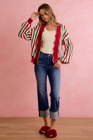 Christmas Open Front Knit Cardigan with Scalloped Edges