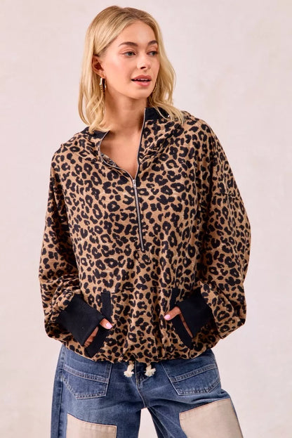 BiBi Leopard Print Waffle Half Zip Up Hoodie W Pocket
