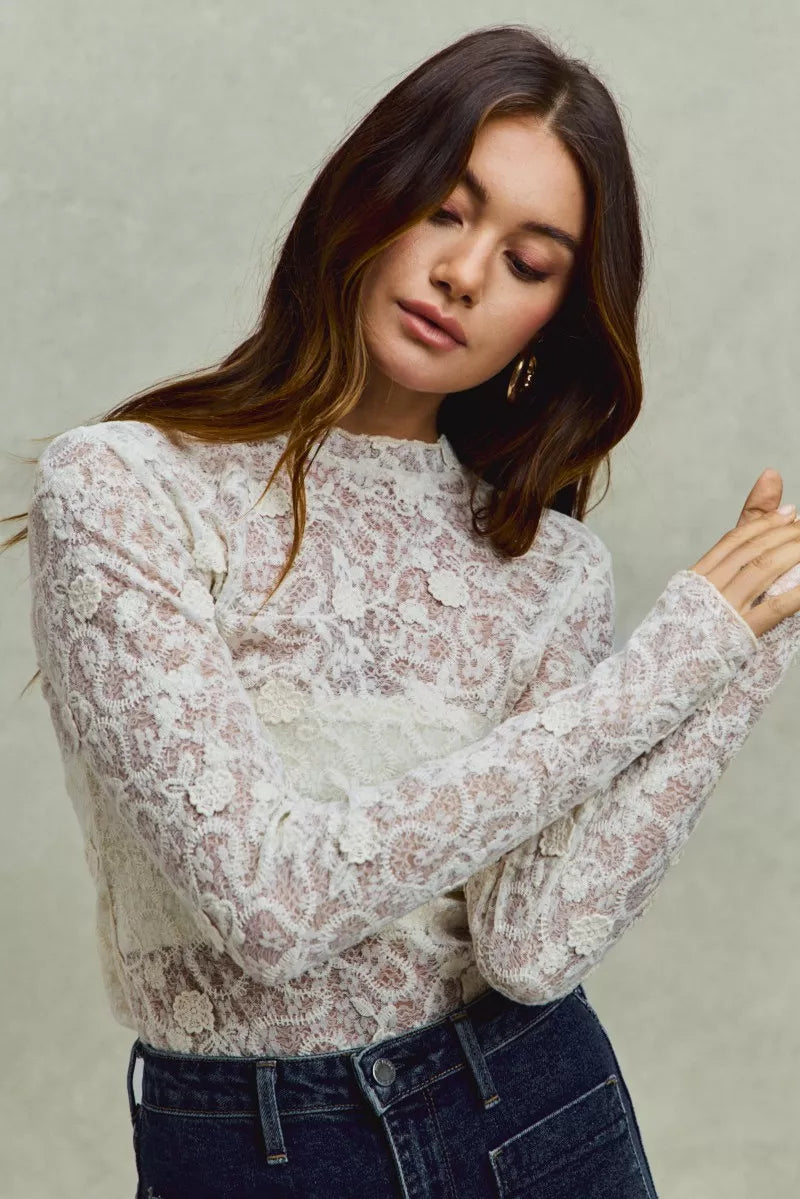 SO ME Lace Long Sleeve 3d Effect Floral Layering Top