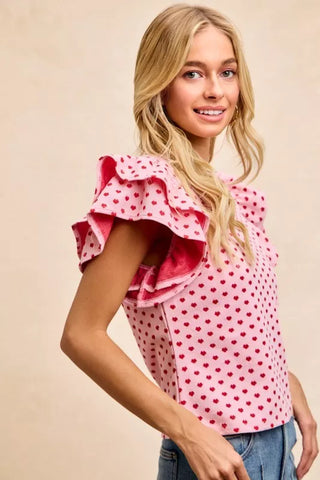 BiBi Heart Patterned Knit Ruffled Sleeves Top