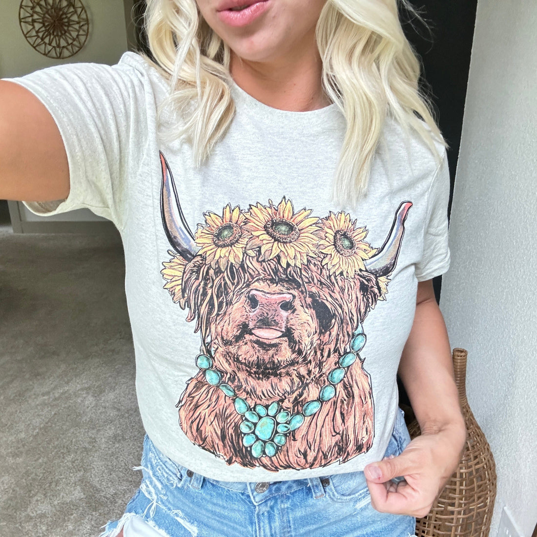 Cow With Gemstone Necklace Highland Cow Crew Graphic Tee
