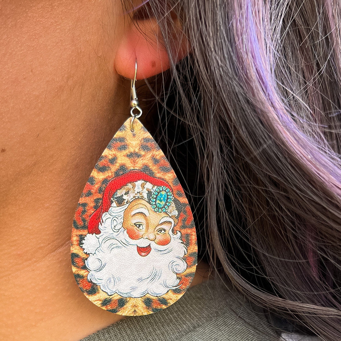 Leopard Teardrop Santa Earrings