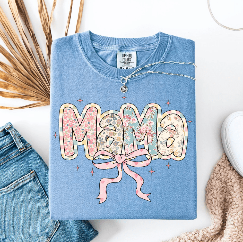 Floral &amp; Checkered Mama Graphic Tee